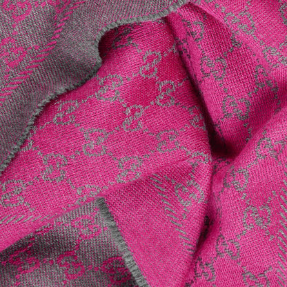 Gucci Grey and Pink GG Monogram Frayed Wool Scarf