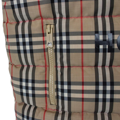 Burberry tan brown down gilet with Nova Check pattern and logo detail.