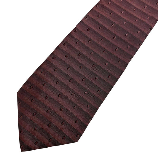 DKNY burgundy silk tie with striped pattern and logo detail.