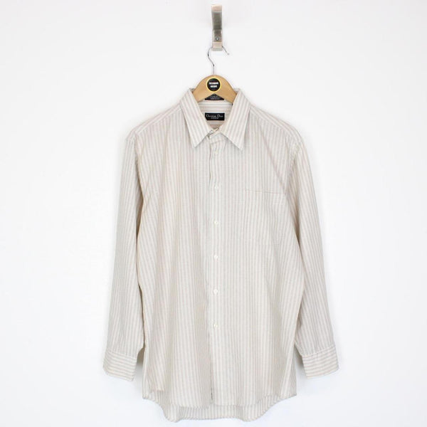 Vintage 90s Christian Dior Beige and White Striped Long Sleeve Cotton Shirt