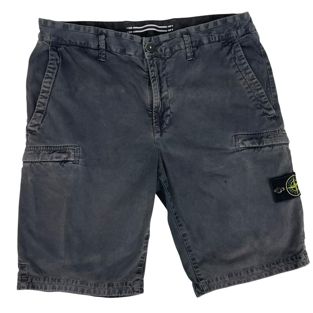 Stone Island navy blue cotton cargo shorts with logo patch and side pockets.