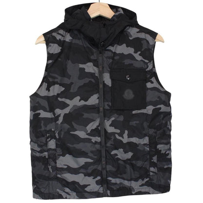 Moncler black and grey full zip down hooded gilet with logo and quilted design.