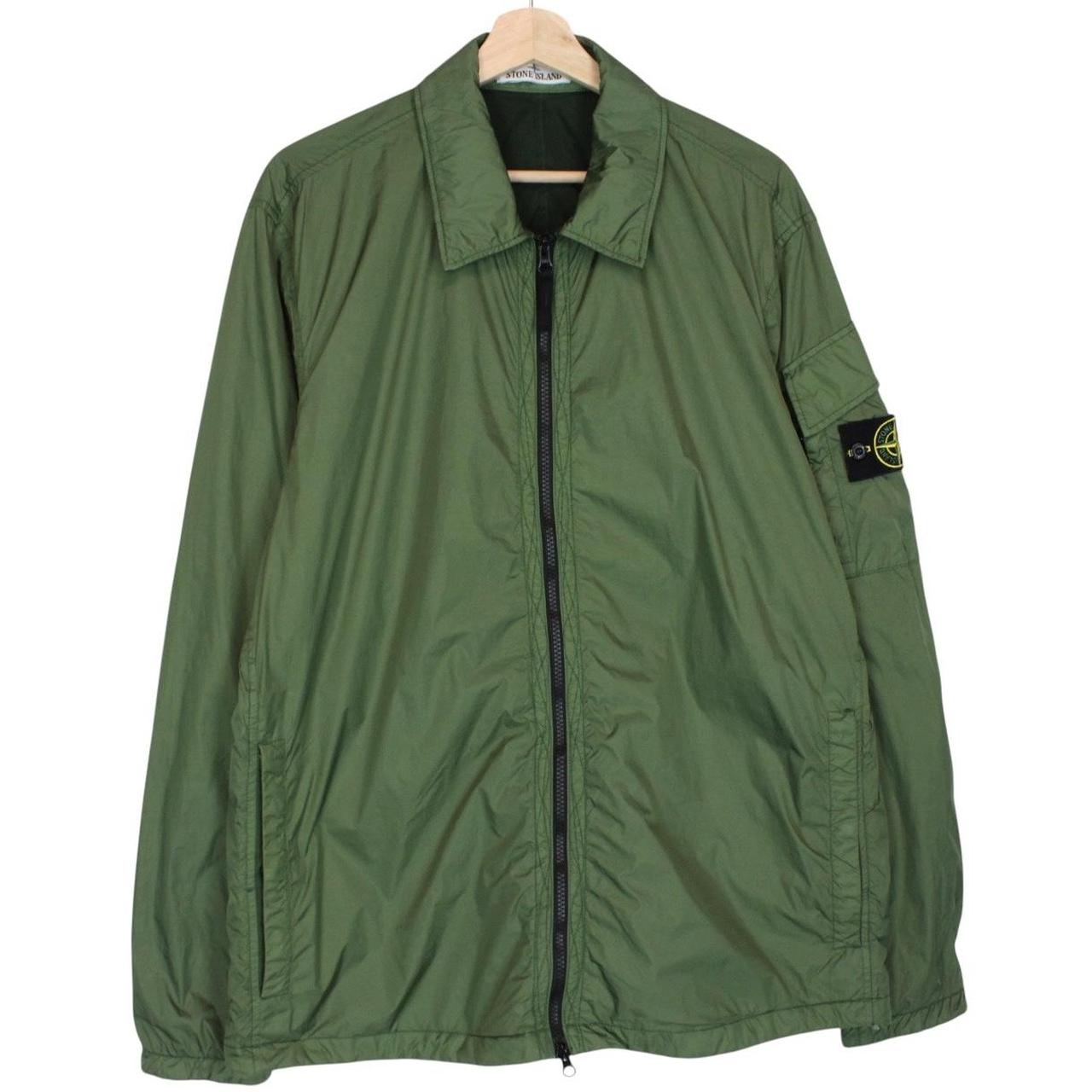 Stone Island green nylon overshirt jacket with full zip and compass logo patch.