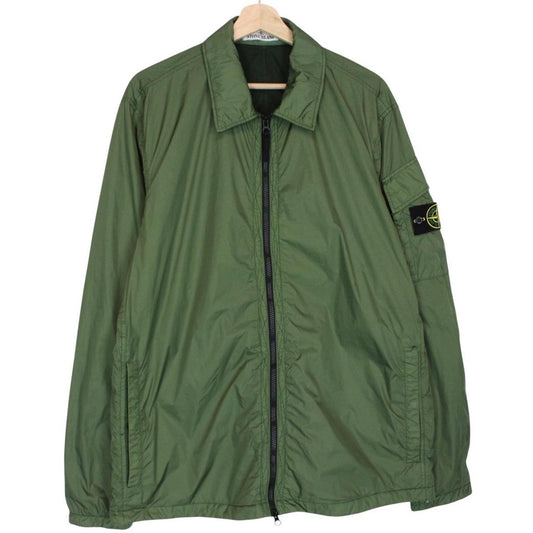 Stone Island green nylon overshirt jacket with full zip and compass logo patch.