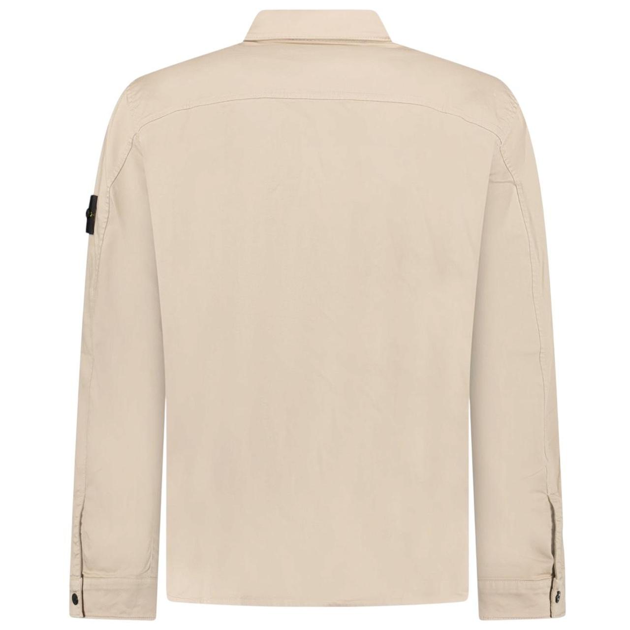 Stone Island beige overshirt jacket with buttoned chest pocket and concealed zipper.