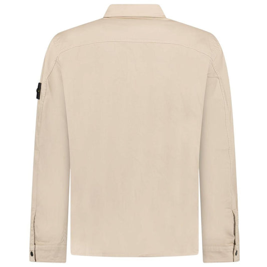 Stone Island beige overshirt jacket with buttoned chest pocket and concealed zipper.