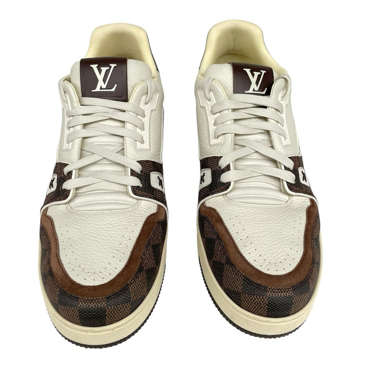 Louis Vuitton trainers white and moka brown Damier Ebene leather with logo detail.