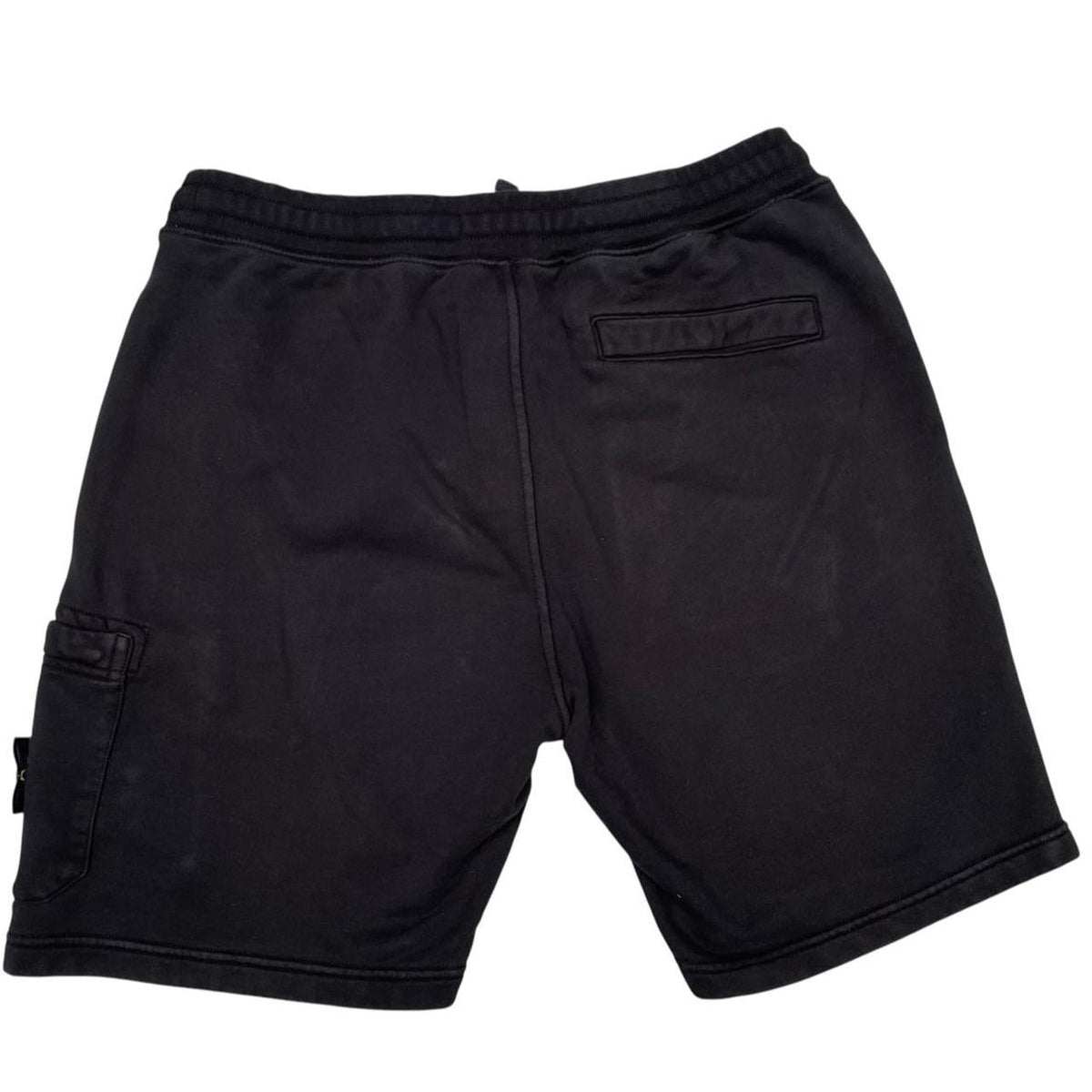 Stone Island black jogger shorts featuring iconic compass logo and soft cotton material.