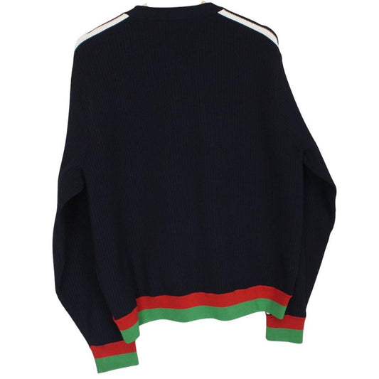 Gucci x Adidas navy blue cardigan jumper with logo detailing and soft viscose material.