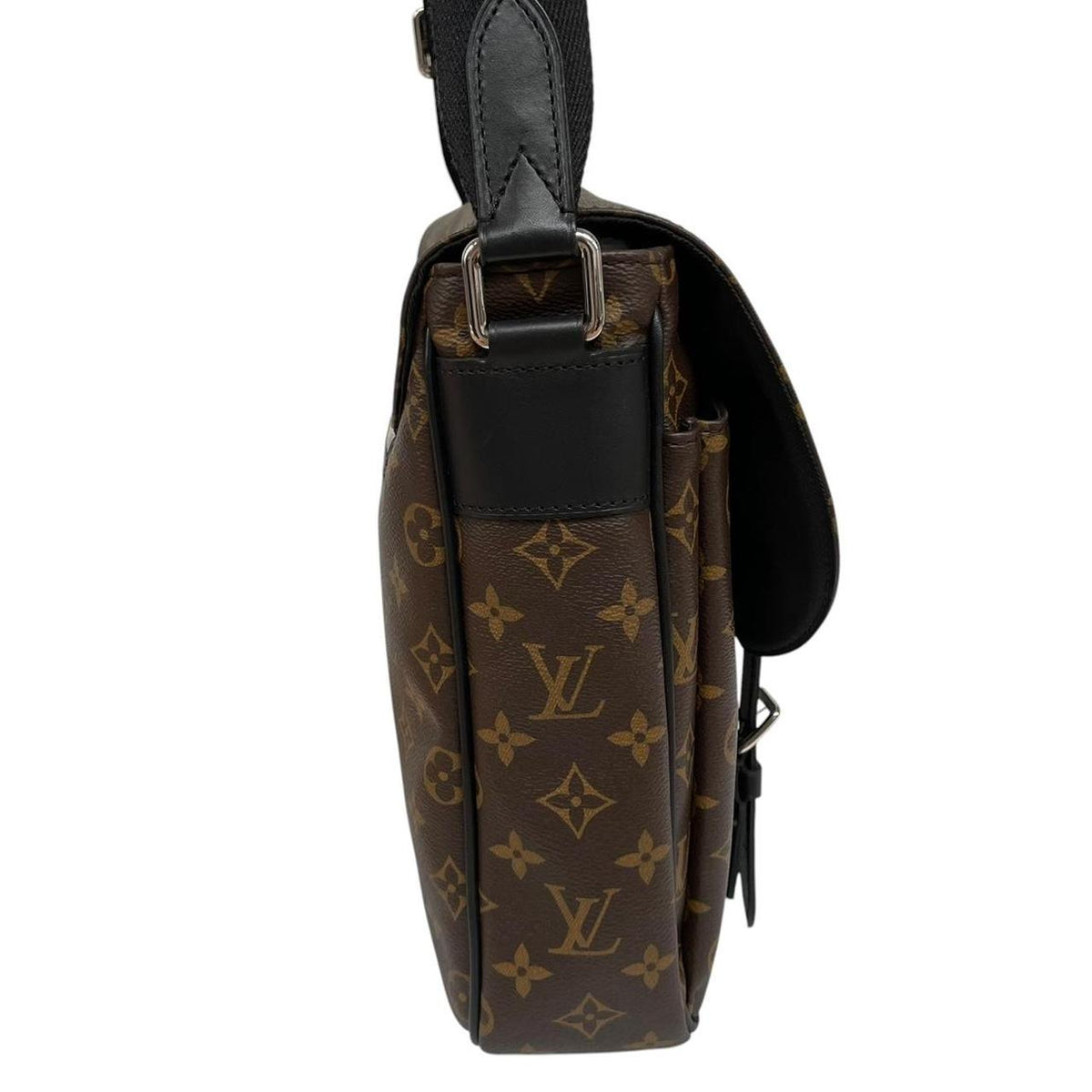 Louis Vuitton brown canvas messenger bag with monogram pattern and silver hardware.