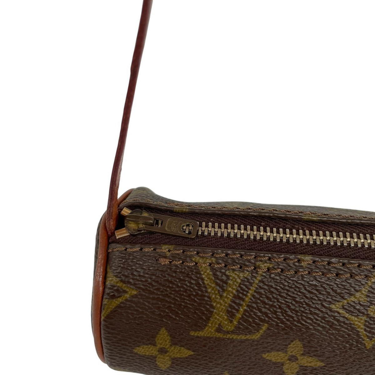Louis Vuitton brown mini pochette bag with monogram canvas pattern and gold hardware.