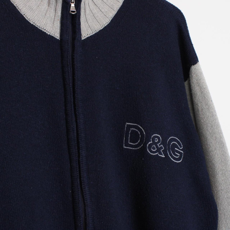 Dolce and Gabbana Navy Blue and Grey Full Zip Cotton Knit Jumper