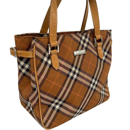 Burberry brown duffel bag featuring classic Nova Check pattern and canvas material.
