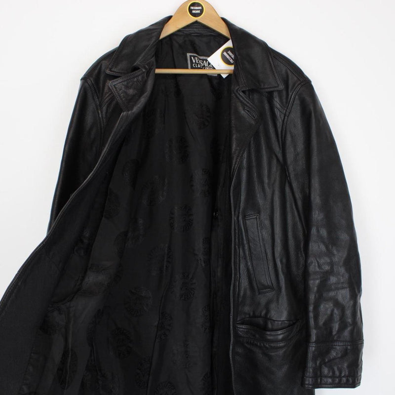 Vintage 90s Versace Classic Black Button Up Leather Coat