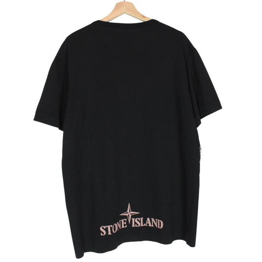 Stone Island black short sleeve t-shirt with desert camo pattern and compass logo.