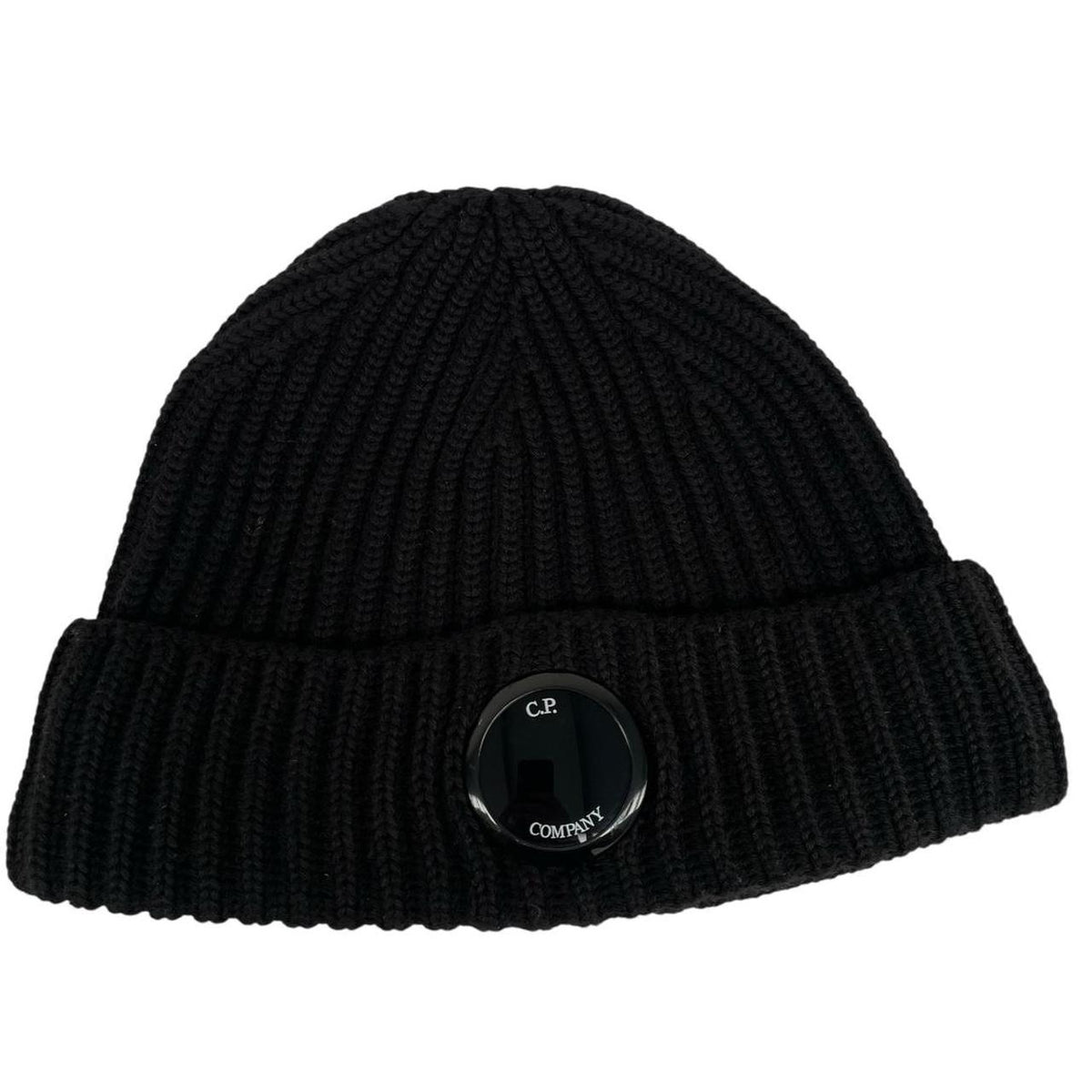 CP Company black wool knit beanie hat with signature lens detail.