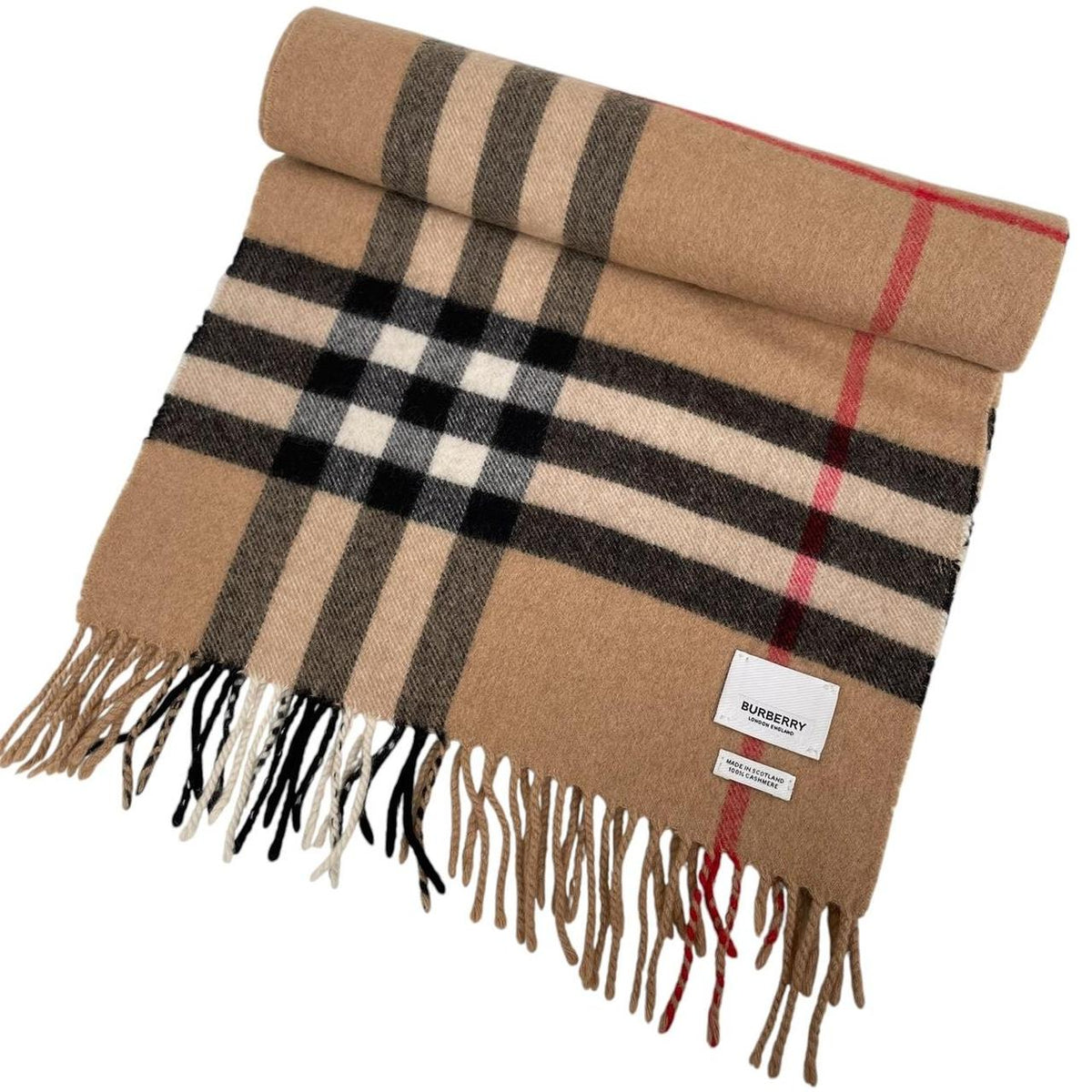 Burberry beige cashmere scarf featuring classic Nova Check pattern and logo.