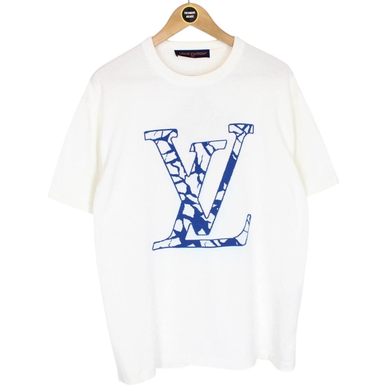 Louis Vuitton LV Ice Logo White and Blue Short Sleeve Cotton Knit T-Shirt