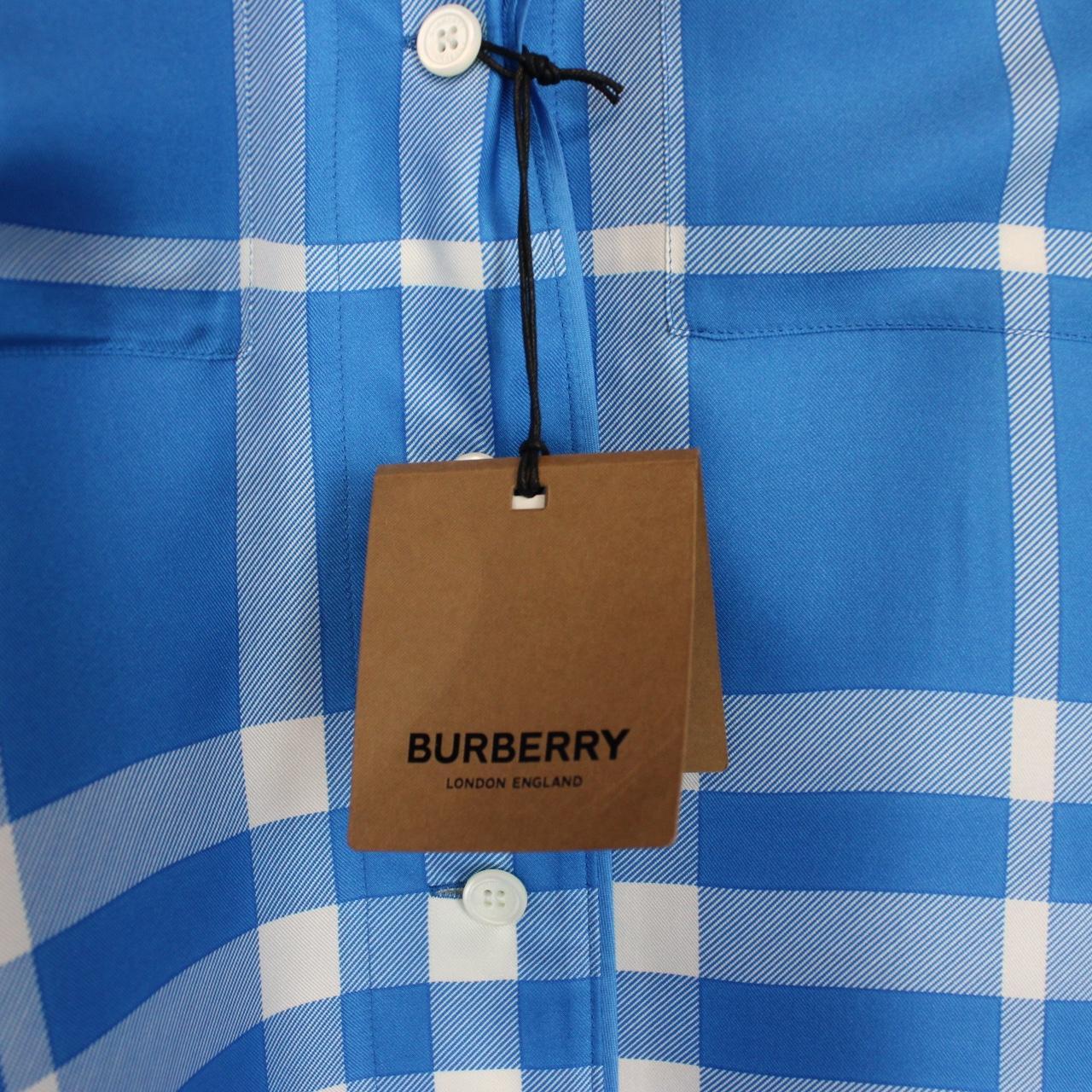 Burberry Blue and White Tierney Nova Check Short Sleeve Silk Shirt