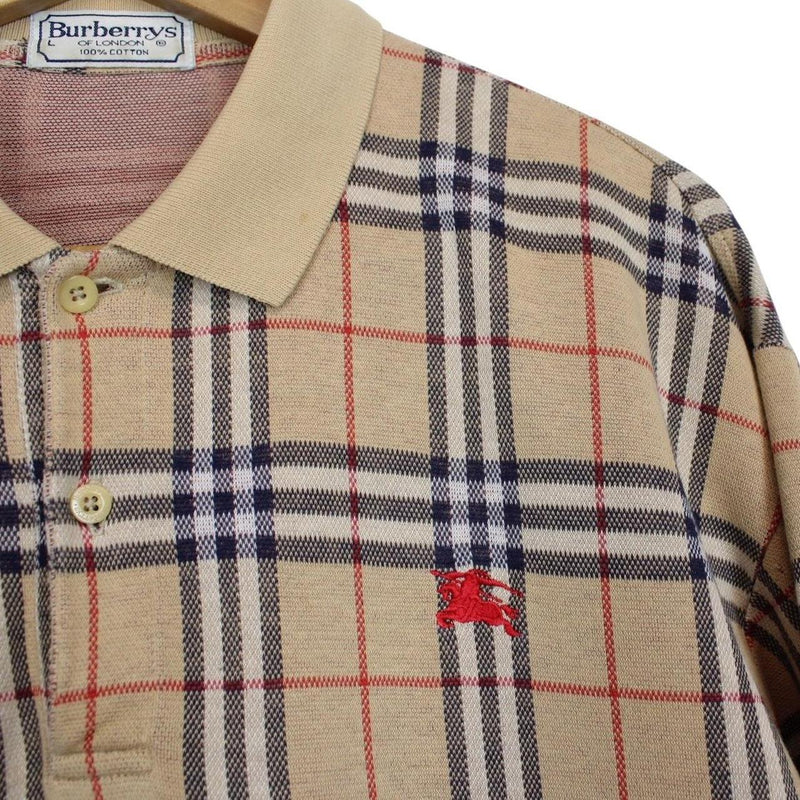 Vintage 90s Burberry Tan Brown Nova Check Long Sleeve Cotton Polo Shirt