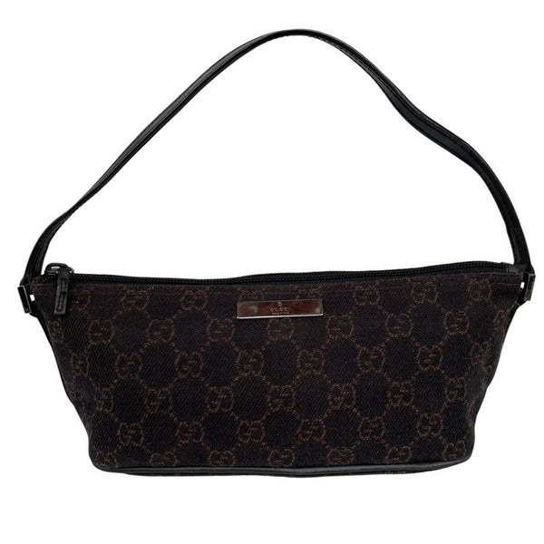 Gucci black and brown GG monogram canvas mini boat pochette bag with metal logo.