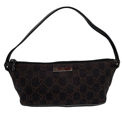 Gucci black and brown GG monogram canvas mini boat pochette bag with metal logo.