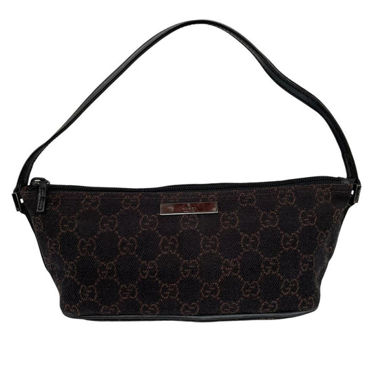 Gucci black and brown GG monogram canvas mini boat pochette bag with metal logo.