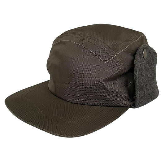 Paul Smith khaki green nylon ear-flap cap with logo detail and adjustable straps.