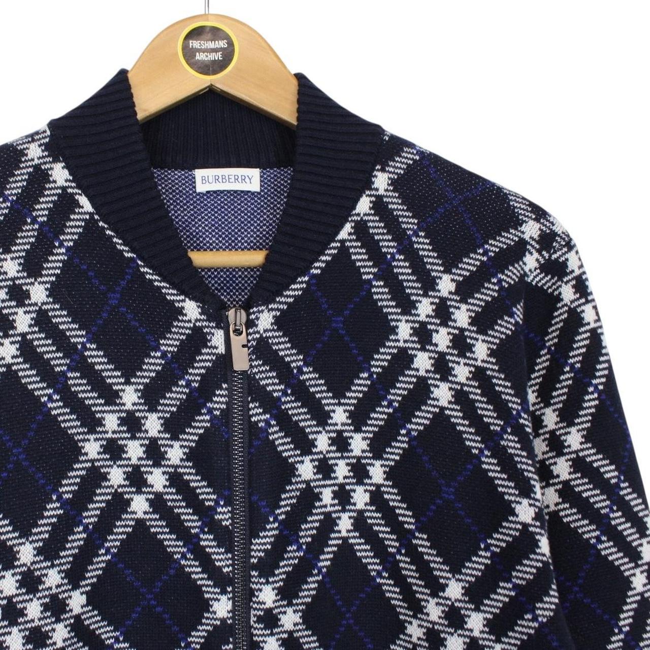 Burberry Navy Blue and White Wool Blend Knit Full Zip Jumper