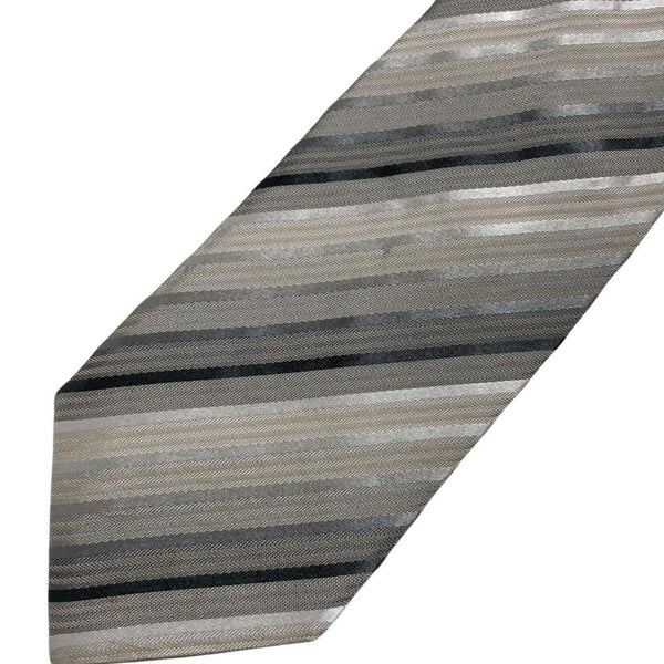 Giorgio Armani multicoloured striped silk tie featuring beige, black, brown, and grey stripes.