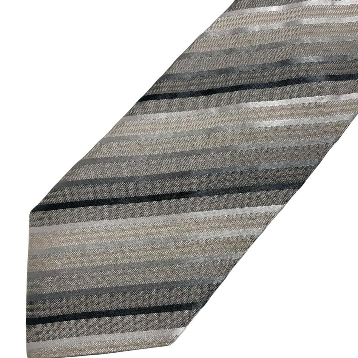 Giorgio Armani multicoloured striped silk tie featuring beige, black, brown, and grey stripes.