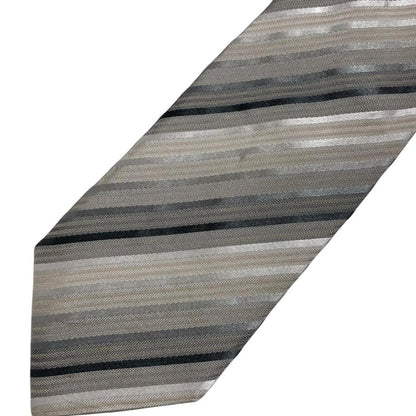 Giorgio Armani multicoloured striped silk tie featuring beige, black, brown, and grey stripes.
