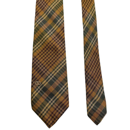 Valentino multicoloured checked silk tie in cream with intricate pattern design.