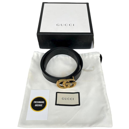 Gucci Black and Gold Marmont Leather Belt with GG Buckle