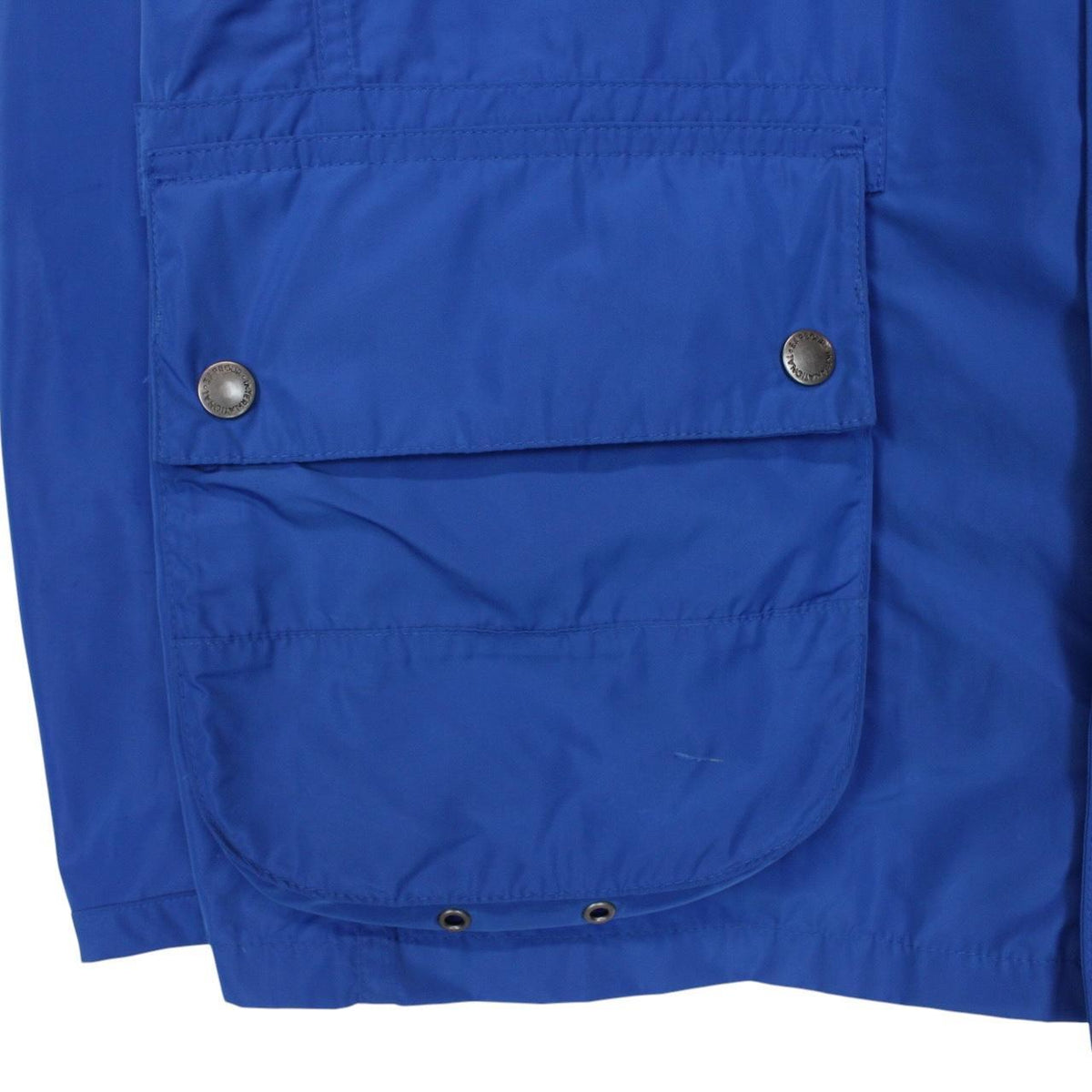 Barbour blue nylon multi-pocket jacket with logo detailing and scuff on bottom right pocket.