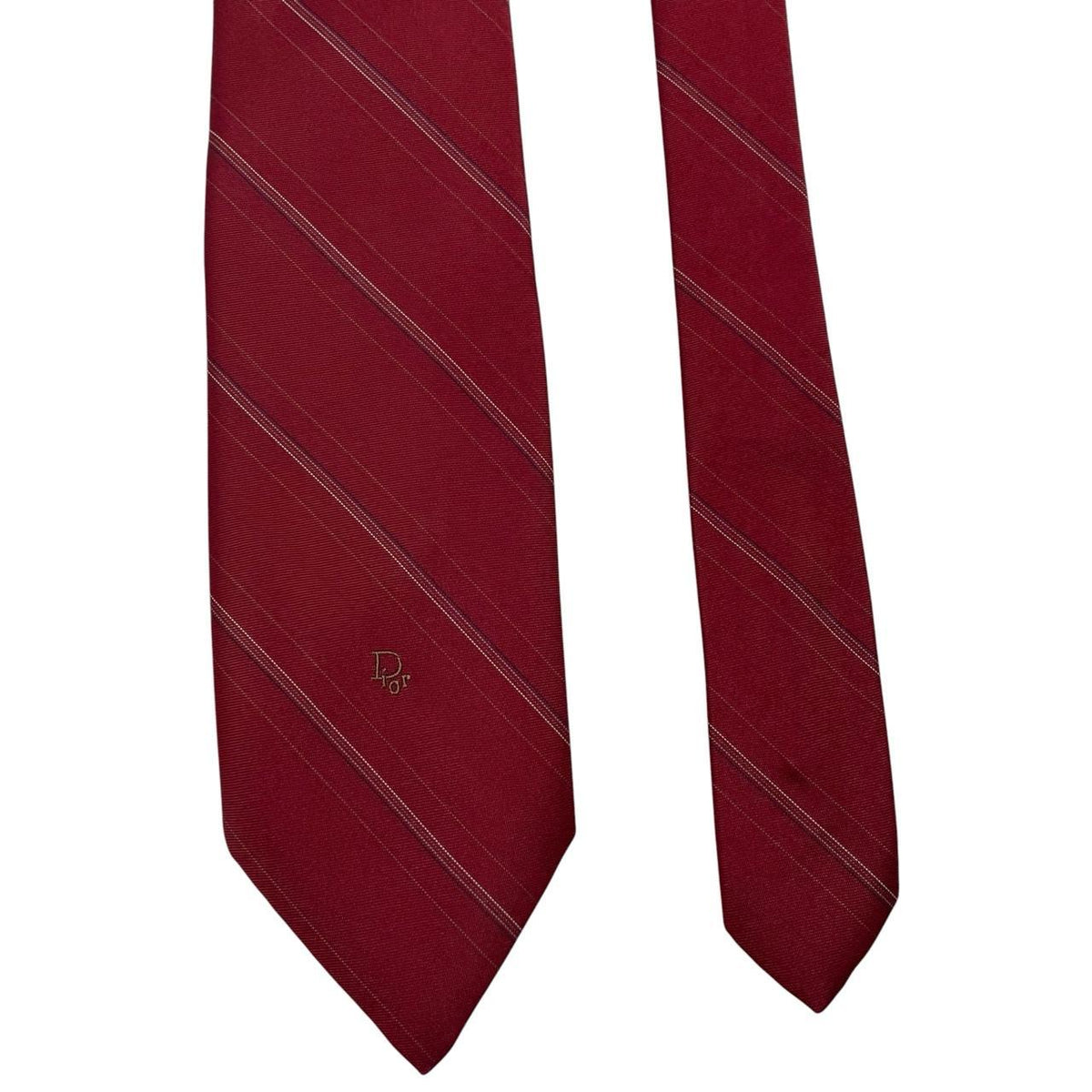 Christian Dior burgundy striped tie with subtle logo detail and vintage design.