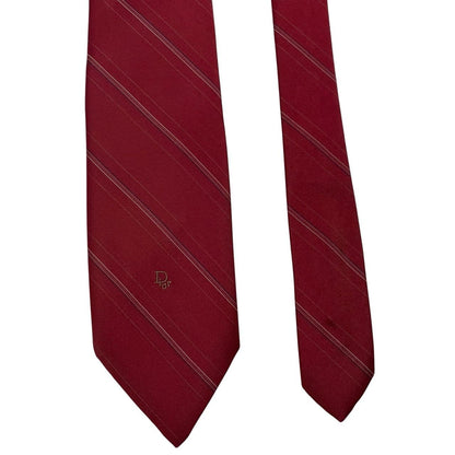 Christian Dior burgundy striped tie with subtle logo detail and vintage design.
