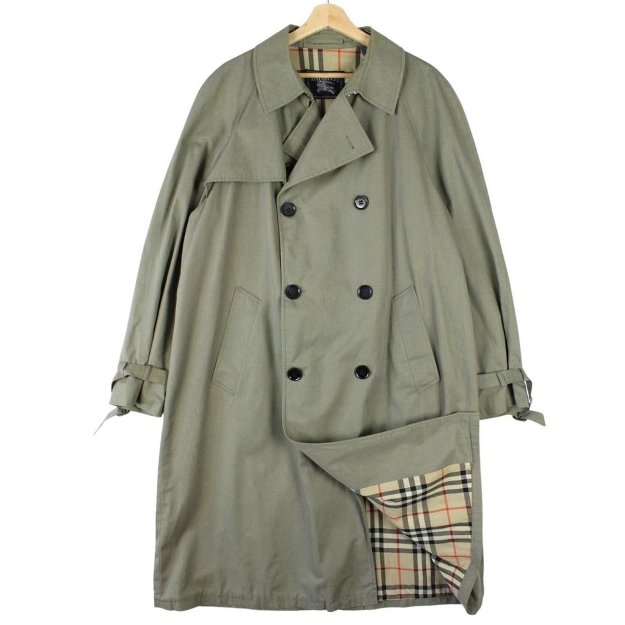 Burberry khaki green trench coat featuring Nova Check pattern and double-breasted design.