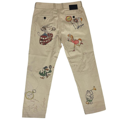Burberry beige tapered fit trousers with sketch print design and cotton material.