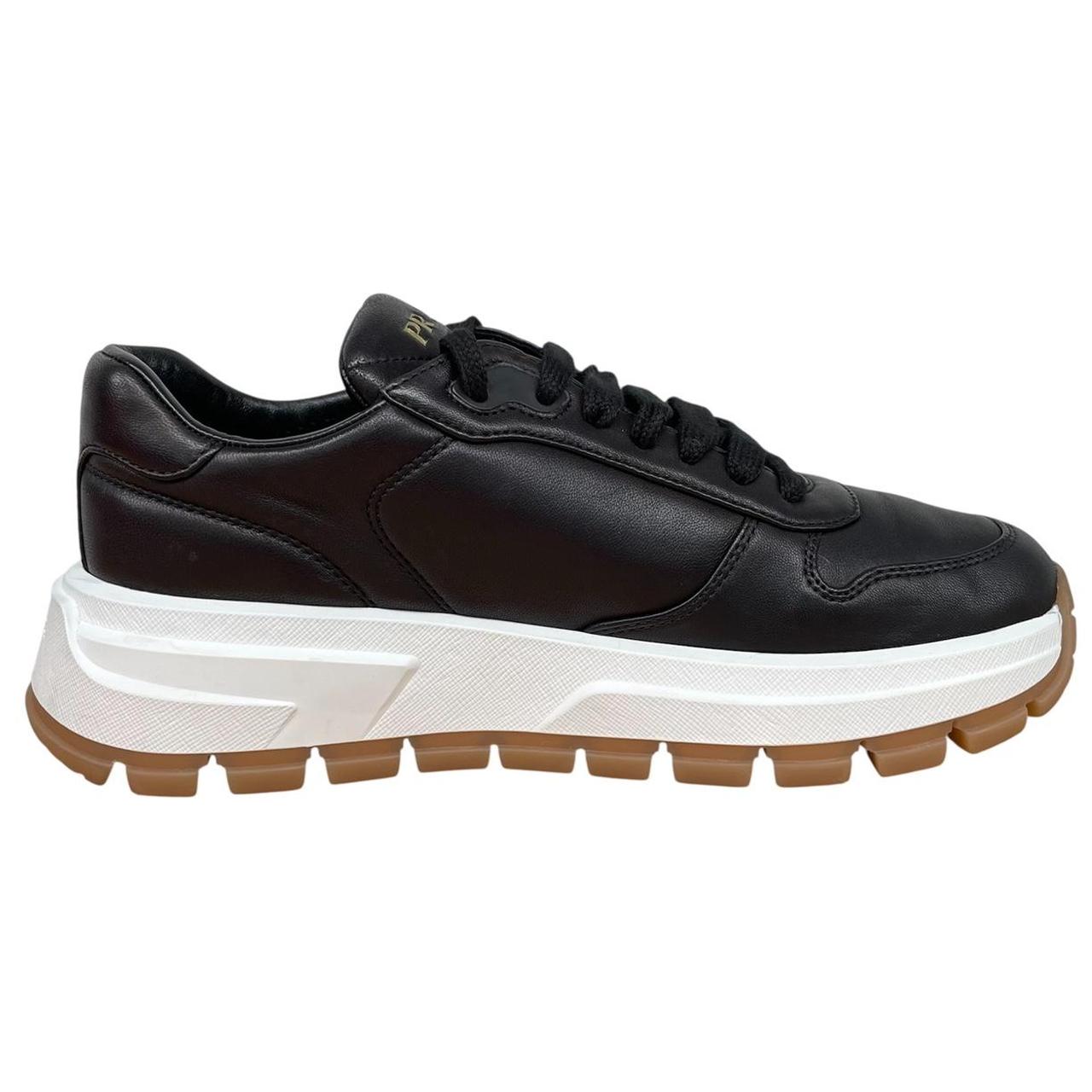 Prada Black and White Triangle Logo Leather Trainers