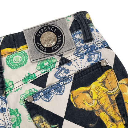 Vintage 90s Versace Jeans Couture Multicoloured Elephant Print High Waisted