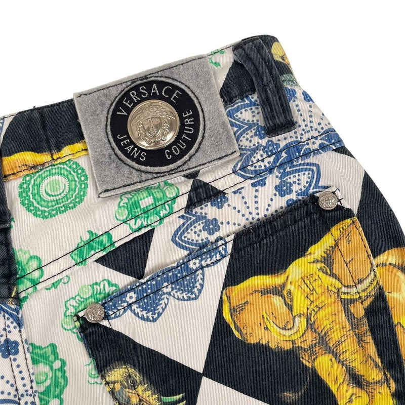 Vintage 90s Versace Jeans Couture Multicoloured Elephant Print High Waisted