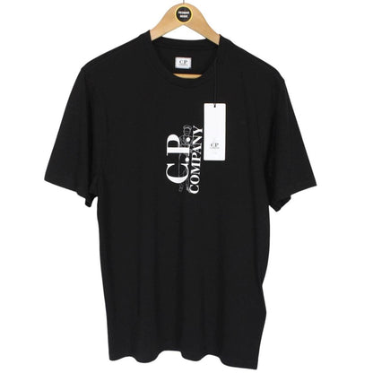 CP Company Black and White Sailor 30/1 Vertical Logo Cotton Short Sleeve T-Shirt
