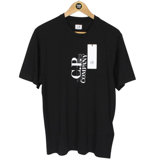 CP Company Black and White Sailor 30/1 Vertical Logo Cotton Short Sleeve T-Shirt