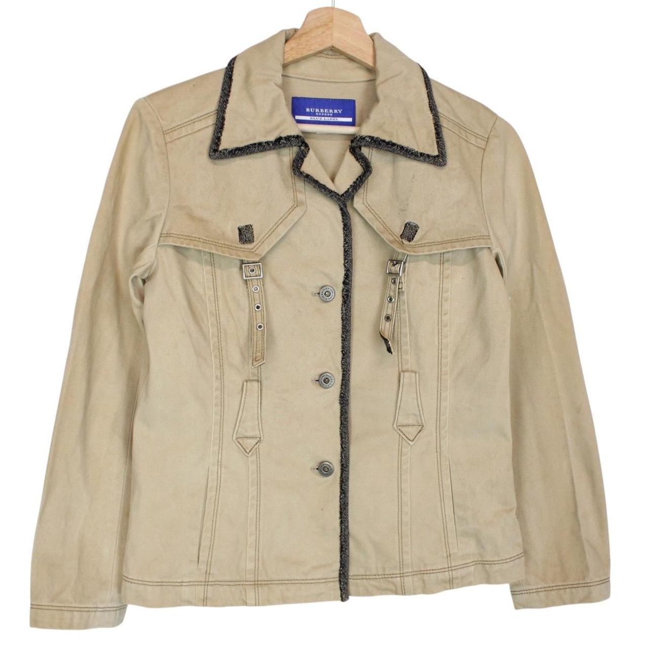 Burberry tan brown denim jacket with logo patch and visible stains, vintage style.