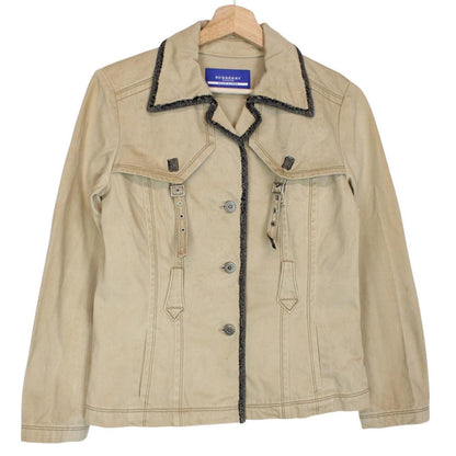 Burberry tan brown denim jacket with logo patch and visible stains, vintage style.