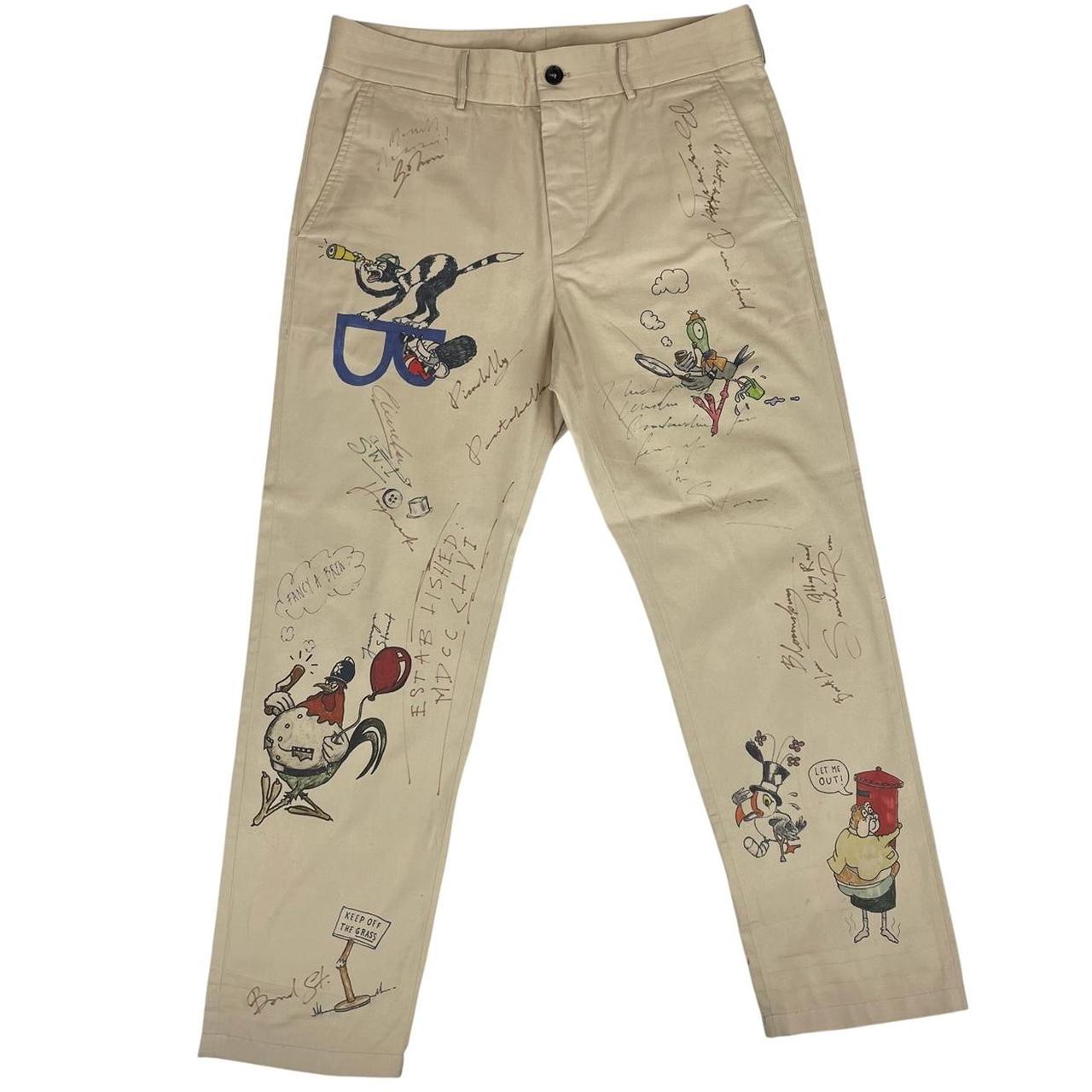 Burberry beige tapered fit trousers with sketch print design and cotton material.