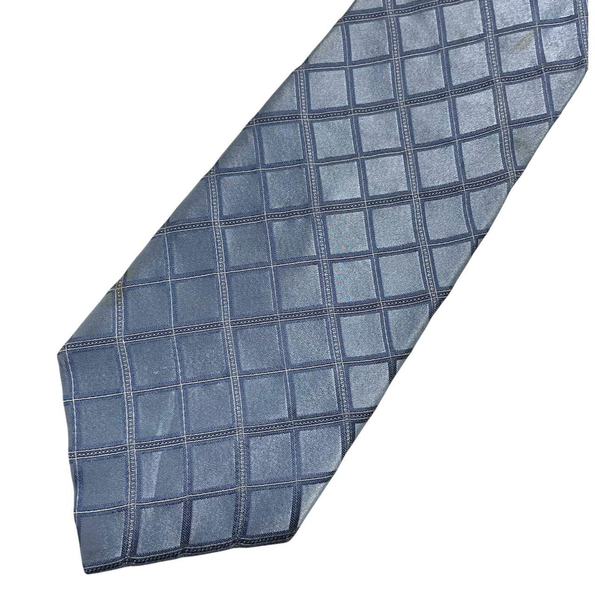DKNY light blue silk tie with subtle sheen and vintage design.