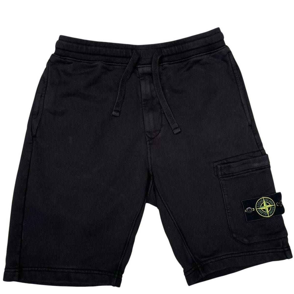 Stone Island black jogger shorts featuring iconic compass logo and soft cotton material.