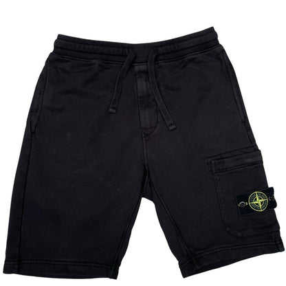Stone Island black jogger shorts featuring iconic compass logo and soft cotton material.